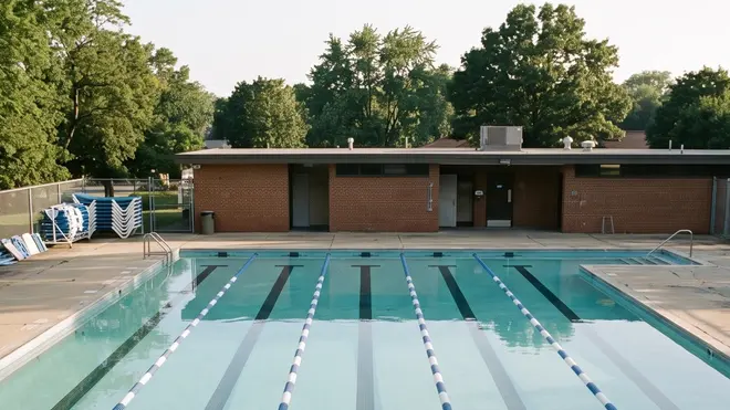 An empty outdoor city pool in the morning, lane ropes on still water, a brick changing-room building behind.