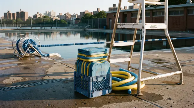 Kickboards stacked by a lifeguard chair on a pool deck in the morning, the shallow end behind.