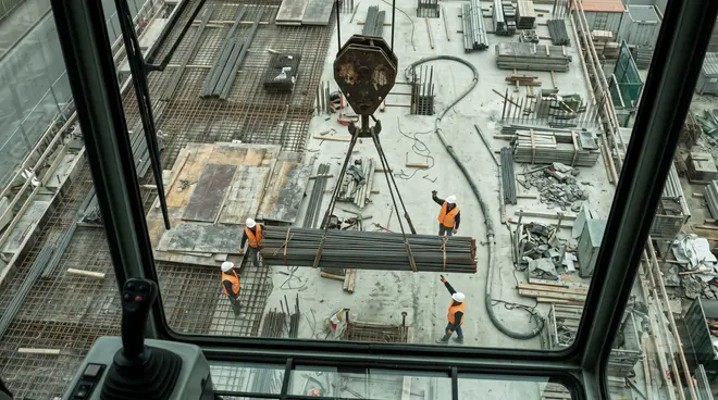 From a tower crane cab, looking down at a bundle of rebar on the hook over a busy concrete deck, workers guiding it in.