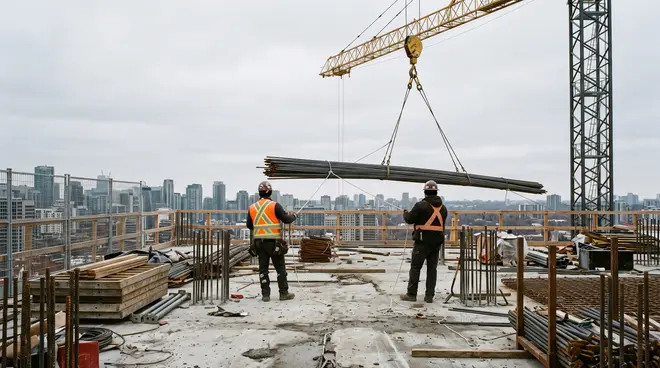 Two ironworkers guide a bundle of rebar from a tower crane onto a concrete deck.